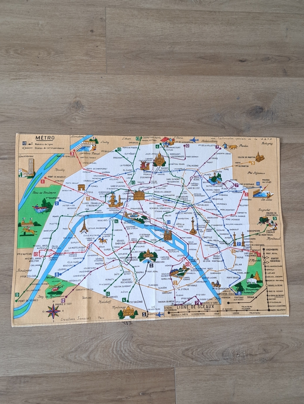 Rare Vtg. 60s Souvenir Linen Blend Mid Century Paris Metro System Map Tea Towel.